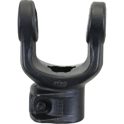 The Sparex PTO Yoke - Quick Release (U/J Size: 34 x 90mm) with a cylindrical base is designed for mechanical applications where it connects components and allows rotational movement. Ideally suited for PTO Series systems, this black metal yoke is compatible with various Sparex products and fits a 1 3/8''-6 spline size (Part No.S.6028).