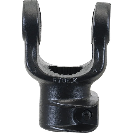 Close-up of a black metal yoke with a U-shaped design, used in mechanical applications, particularly the Sparex PTO Yoke - Quick Release (U/J Size: 35 x 106.5mm). The yoke features a 1 3/4''-20 spline and a screw hole for secure attachment to a shaft. Hash marks and numbers are visible.