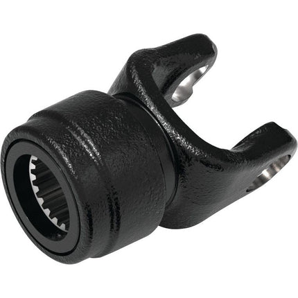 A Sparex black metal PTO Yoke - Quick Release featuring a 1 3/8''-21 splined inner bore and a U-shaped forked end, compatible with PTO Series AB9/A9. (U/J Size: 41 x 108mm) | Sparex Part No. S.118063