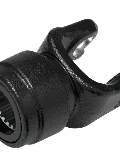 A Sparex black metal PTO Yoke - Quick Release featuring a 1 3/8''-21 splined inner bore and a U-shaped forked end, compatible with PTO Series AB9/A9. (U/J Size: 41 x 108mm) | Sparex Part No. S.118063