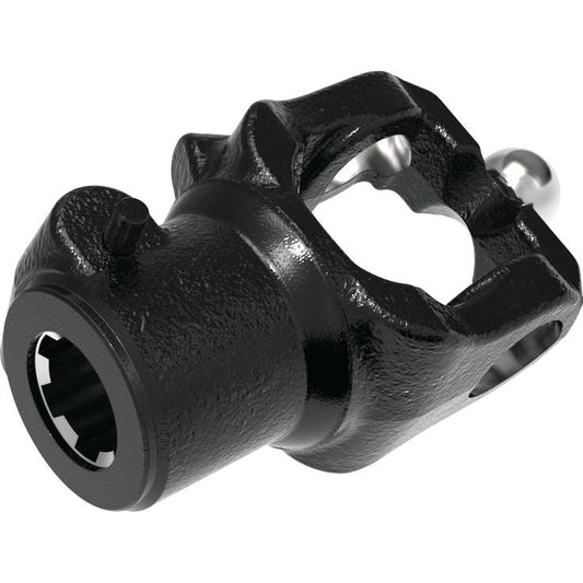 The PTO Yoke - Quick Release Wide Angle (U/J Size: 27 x 75 & 24 x 91mm) with a 1 3/8''x21 spline type, branded as Sparex Part No. S.6678, is a black, metal yoke featuring a spherical joint commonly referred to as a Universal Joint, used for connecting or supporting various automotive or mechanical components.