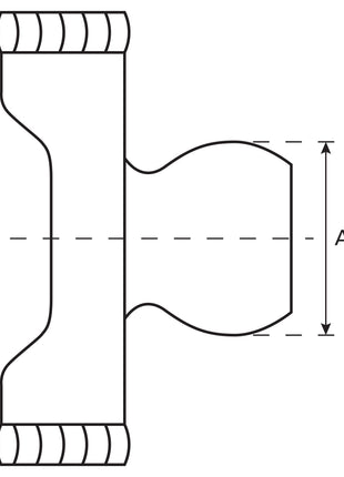 Diagram of an object resembling a three-way pipe connector with a vertical cylindrical section and a perpendicular, horizontal cylindrical section labeled with "A" marking the height, similar to the precision engineering found in Sparex products like the PTO Yoke - Quick Release Wide Angle (U/J Size: 27 x 75 & 24 x 91mm) Spline Type: 1 3/8''x 6 | Sparex Part No.S.71520.