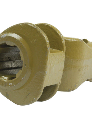Close-up of a yellow metal coupling with a gear-like interior for mechanical connection, showing signs of wear. This component resembles the Sparex PTO Yoke - Quick Release Wide Angle (U/J Size: 27 x 75 & 24 x 91mm) Spline Type: 1 3/8''x 6 | Sparex Part No.S.71520.