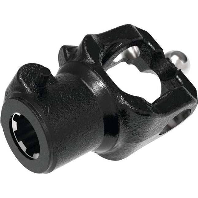 A close-up image of the Sparex PTO Yoke - Quick Release Wide Angle (U/J Size: 32 x 76 & 27 x 94mm) Spline Type: 1 3/8''x 6, featuring a black metal part that resembles a Universal Joint with a cylindrical body, a spherical end, and an open section in the middle.
