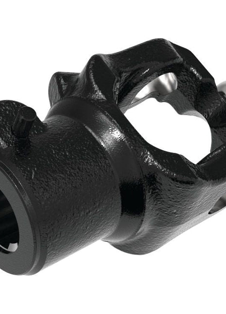 The Sparex PTO Yoke - Quick Release Wide Angle features a black, metallic universal joint specifically designed for automotive or machinery use. It includes a central cylindrical body with an opening and a spherical bearing at one end. The yoke is compatible with Weasler AW36/W2580 specifications and meets precise universal joint dimensions, available in sizes 36 x 89 mm and 32 x 106 mm with a spline type of 1¾” x 6 (Sparex Part No. S.13488).