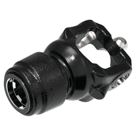 A black, metal universal joint with a polished finish, featuring a knuckle and ball attachment, such as the Sparex PTO Yoke - Wide Angle Quick Release With Auto Lock (U/J Size: 27 x 75 & 24 x 91mm), Size: 1 3/8'' x 6 Spline | Sparex Part No. S.53507 model, is typically used in mechanical assemblies for transmitting rotary motion.
