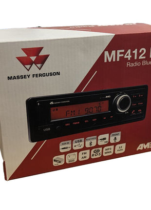 The AGCO Massey Ferguson - MF412BT AM5 Radio (X991450176000) in its packaging showcases built-in Bluetooth, front USB, aux-in, FM, AM, CD compatibility, MP3 and WMA playback along with Backup Memory for your convenience.