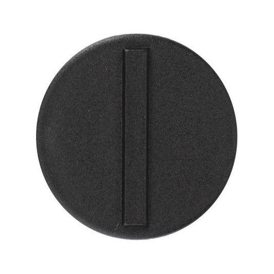 A close-up of the AGCO Massey Ferguson - Padding Black - 4270221M1, featuring a round, black plastic cap with a vertical rectangular indentation in the center, showcasing the sturdy design typical of the 7600 Series of Massey Ferguson tractors.