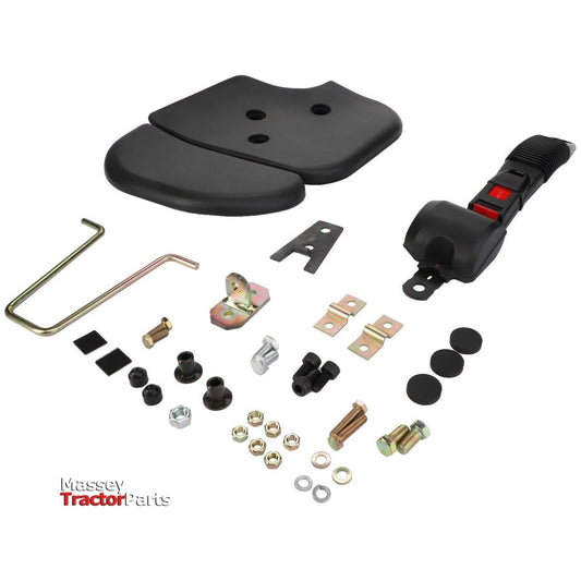 This is the AGCO Massey Ferguson Passenger Seat Kit - 3907480M11, which includes ergonomic seat cushions, a lever handle, various bolts, nuts, washers, brackets, and other small mechanical components arranged on a white background.