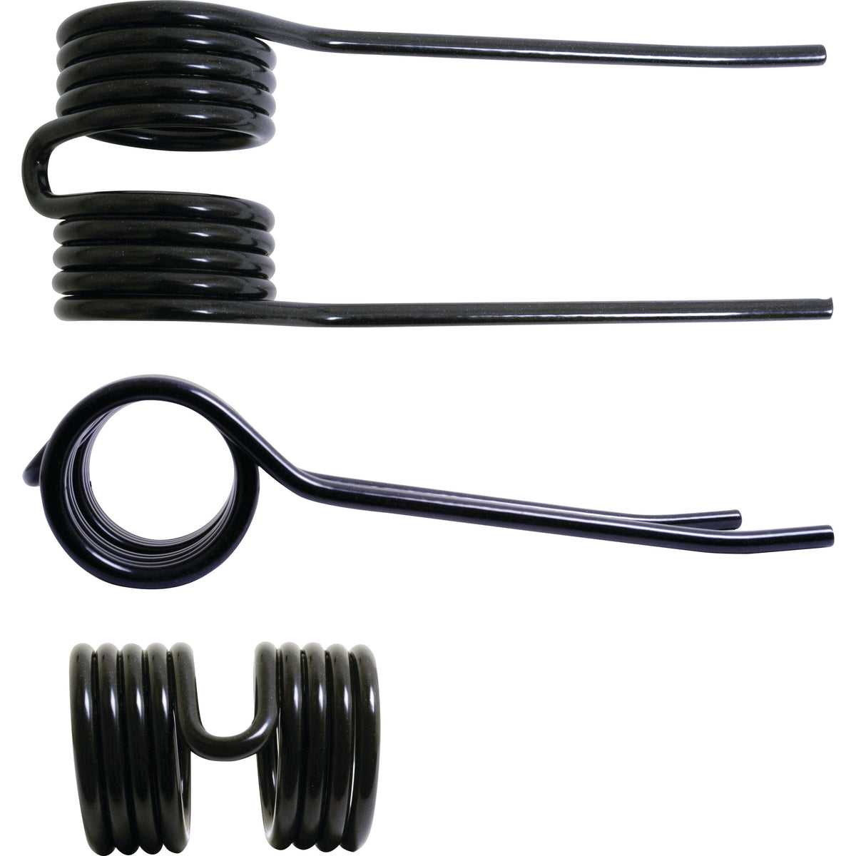 Three Sparex Pick-Up Tine replacement springs, designed specifically for Hesston and Massey Ferguson models, are displayed with black coiled bodies and extended ends. Two are oriented horizontally, and one is positioned vertically, showcasing the high quality typical of Massey Ferguson engineering. Each spring measures 190mm in length, 69mm in width, with a diameter of 5.5mm (Sparex Part No.S.22954).