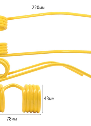 Three views of the Pick-Up Tine by Sparex in yellow, featuring a length of 220mm, a width of 78mm, a wire thickness of 5mm, and a central coil diameter of 43mm. This versatile component is an ideal replacement for Massey Ferguson equipment with part number 1053394M1 (Sparex Part No. S.77771).