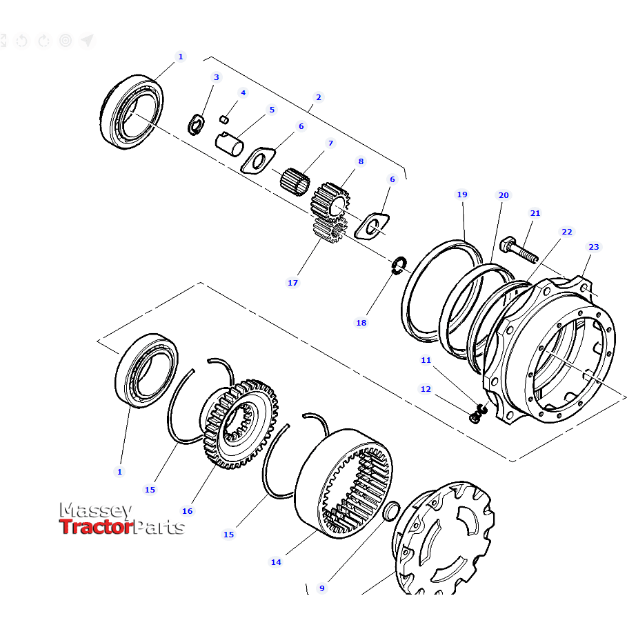 Exploded technical diagram illustrating components of a mechanical assembly, each part labeled with numbers. The logo "AGCO" is visible at the bottom left, catering to Massey Ferguson models including the specific part 'Pinion Gear - 3429972M1'.