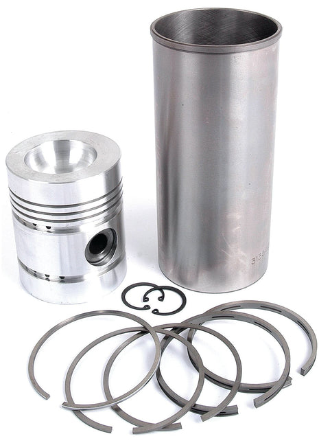 A Piston Ring and Liner Kit (Sparex Part No. S.40449) consisting of a metal cylinder, piston, retaining rings, and cylindrical clips is arranged neatly on a white background, reminiscent of high-quality Sparex components for Perkins Engines or Massey Ferguson machinery.