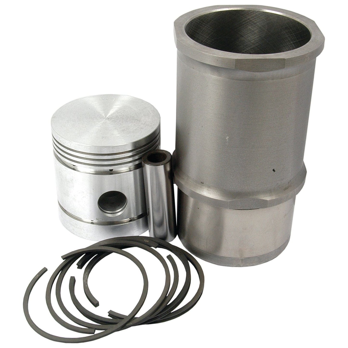 A set of engine components, including an 85mm Bore piston, piston rings, a cylinder liner, and a piston pin from the Piston Ring and Liner Kit (Sparex Part No. S.42275), is displayed against a plain background.