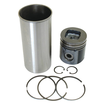 A metal cylinder, piston, two snap rings, and three piston rings from the Sparex Piston Ring and Liner Kit (Sparex Part No. S.42737) are arranged on a white background.