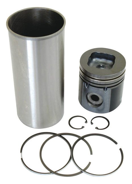 A metal cylinder, piston, two snap rings, and three piston rings from the Sparex Piston Ring and Liner Kit (Sparex Part No. S.42737) are arranged on a white background.