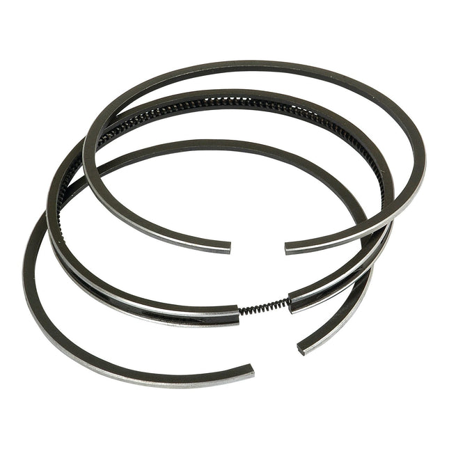 A chrome-plated ring set, featuring three metal piston rings arranged in a spiral pattern on a white background, known as the Piston Ring | Sparex Part No.S.40421 from Sparex.