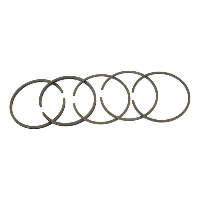 Five Sparex Piston Ring (Sparex Part No. S.41614) in a linear arrangement, each with a small gap to accommodate installation and fit, designed specifically for Massey Ferguson models.