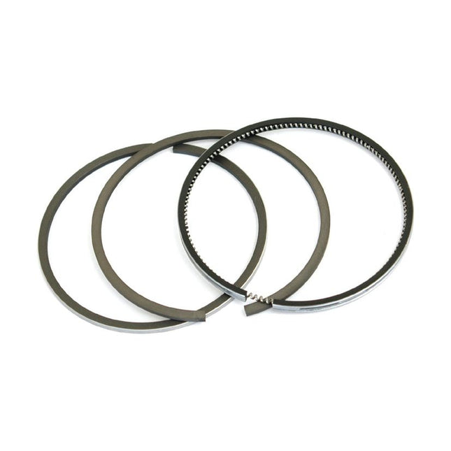 A Sparex Piston Ring Set, Part No. S.42208, features three piston rings arranged side by side on a white background and includes a Molybdenum Coated Keystone for enhanced durability.
