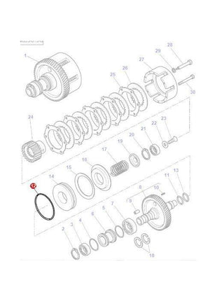 Exploded view diagram of a mechanical assembly, highlighting various tractor parts such as gears, rings, and fasteners arranged sequentially for assembly or repair, specifically for the Massey Ferguson 3000 Series. Featured product: Massey Ferguson - Piston Seal - 3582933M1 by AGCO.