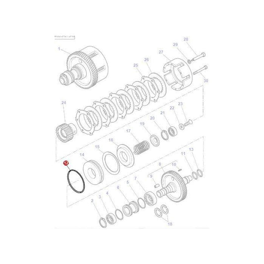 Exploded view diagram of a mechanical assembly, highlighting various tractor parts such as gears, rings, and fasteners arranged sequentially for assembly or repair, specifically for the Massey Ferguson 3000 Series. Featured product: Massey Ferguson - Piston Seal - 3582933M1 by AGCO.