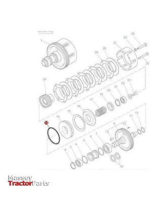 A detailed diagram of a tractor part assembly from AGCO, featuring various components labeled with numbers, including one highlighted piston seal (part number 3582933M1), ideal for those working with Massey Ferguson 3000 Series tractor parts.