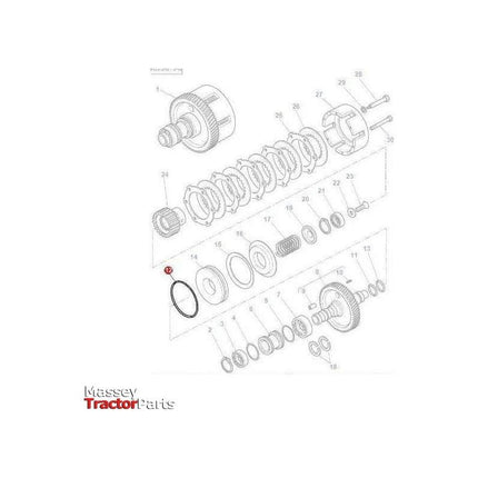A detailed diagram of a tractor part assembly from AGCO, featuring various components labeled with numbers, including one highlighted piston seal (part number 3582933M1), ideal for those working with Massey Ferguson 3000 Series tractor parts.