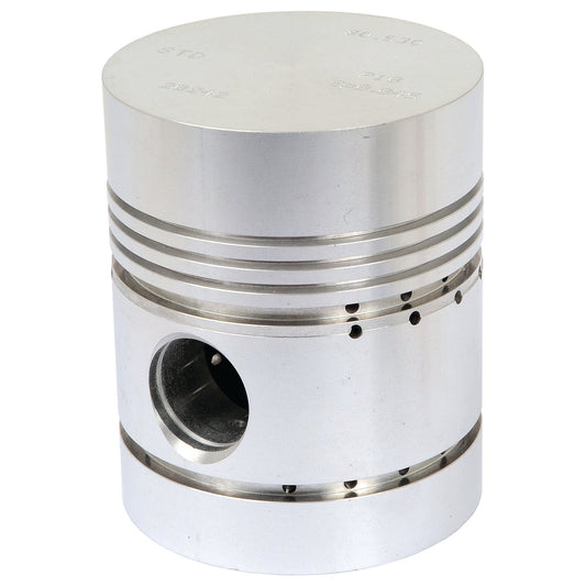 A metal piston, branded under Sparex and known as the Piston (Standard) - S.75973, with a cylindrical shape that features multiple grooves and a side hole, crafted to meet precise Sparex standards.