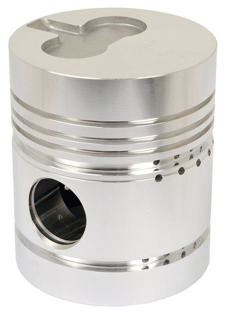 Close-up image of the Sparex Piston (Standard) - S.75974, a shiny, cylindrical metallic component featuring grooves, detailing, and a hole, typically used in an internal combustion engine; showcasing its precise bore diameter.