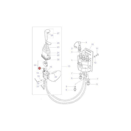Diagram of a mechanical lever and valve assembly, showcasing numbered components and a detailed inset of the lever mechanism, compatible with Massey Ferguson - Pivot Cable Control - AL5020374 from AGCO.