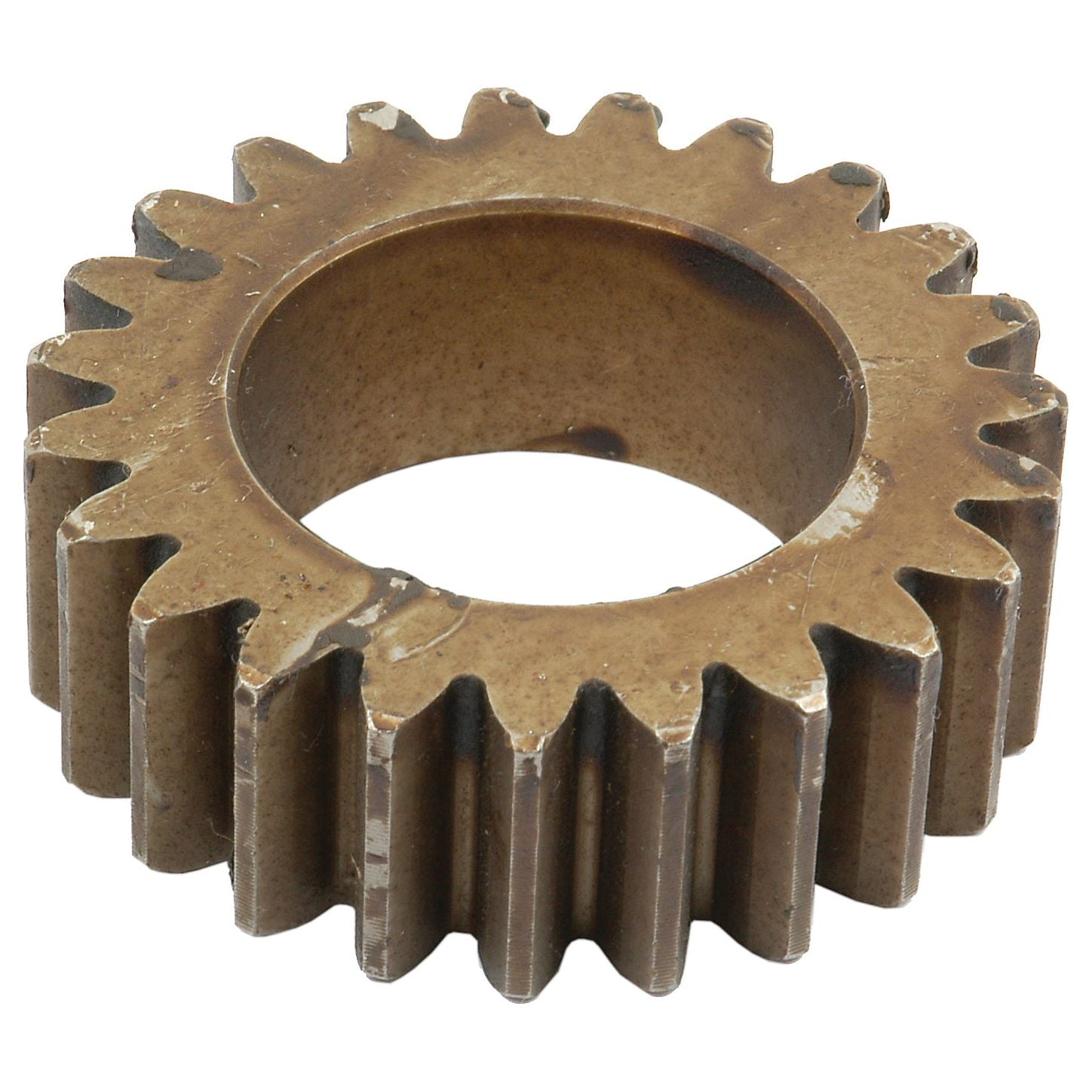 The Sparex Planetary Gear (Part No. S.43327) made of brass, with multiple teeth, shows signs of wear and use. The central hole allows it to be fitted onto a shaft, making it compatible with Massey Ferguson equipment.