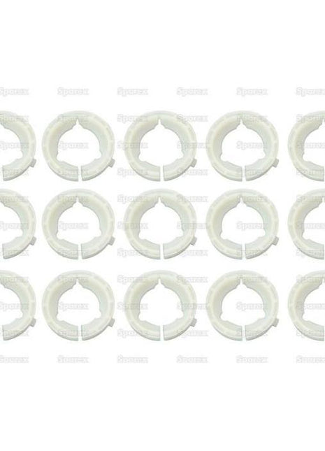 The image displays a configuration of sixteen identical round white clips arranged in four rows of four, designed to meet the specifications of the Sparex Plastic Bearing Set (Sparex Part Number: S.119948).