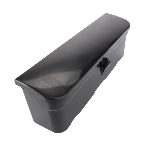 The Massey Ferguson - Plastic Tool Box - 1696186M94 by AGCO is a black, rectangular plastic toolbox with a hinged lid and a latch for securing it closed.