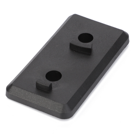 The product is an AGCO branded Massey Ferguson - Plate (3619604M1), a black rectangular plastic component featuring two circular holes with a small raised rectangle between them.