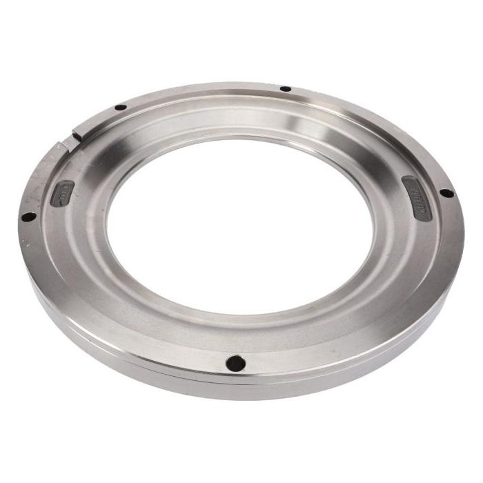 The AGCO Massey Ferguson - Plate - 4304517M1 is a steel circular industrial component featuring multiple holes and a notch along the outer edge, designed for compatibility with Massey Ferguson DYNA 4 and DYNA 6 systems.