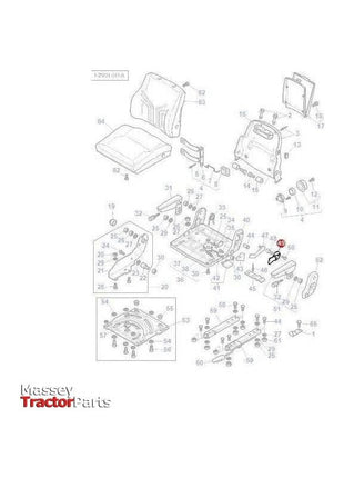 Illustration of the tractor seat components with labeled parts, displaying individual screws, cushions, the frame, and other assembly elements. The "AGCO" logo is visible in the bottom left corner. Suitable for Massey Ferguson 6200 Series models, specifically showcasing the "Massey Ferguson - Plate Arm Rest - 3903620M1 - F248500033100.