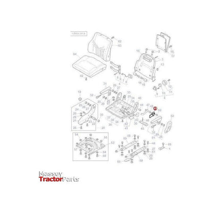 Illustration of the tractor seat components with labeled parts, displaying individual screws, cushions, the frame, and other assembly elements. The "AGCO" logo is visible in the bottom left corner. Suitable for Massey Ferguson 6200 Series models, specifically showcasing the "Massey Ferguson - Plate Arm Rest - 3903620M1 - F248500033100.