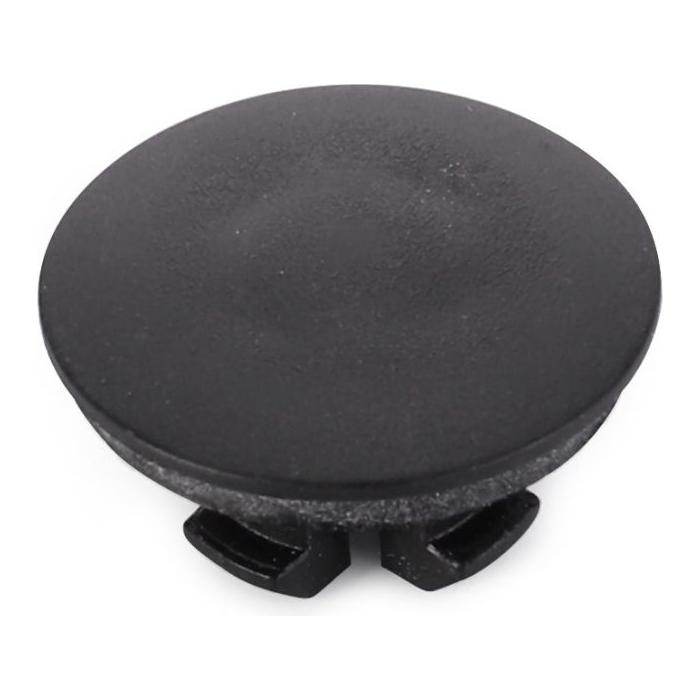 The Massey Ferguson - Plug - 3713742M1 by AGCO is a black plastic rivet designed for use in Massey Ferguson 2WD and 4WD vehicles. It features a circular flat head and bottom clips, shown against a white background.