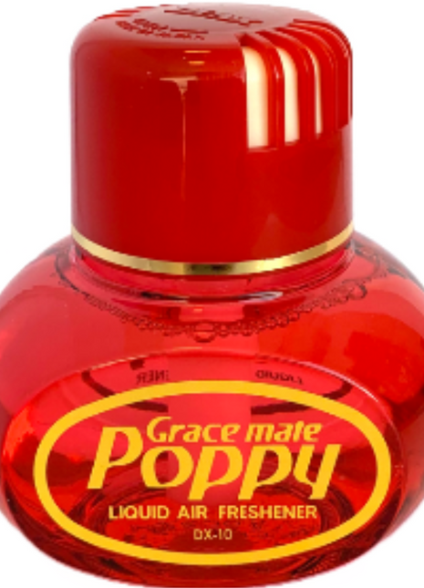 A red bottle of JMCE DEALS' GraceMate Poppy Air Freshener - Cattleya with a gold cap and label features high-grade liquid perfume for an exquisite scent.