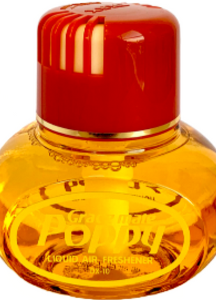 A round bottle of GraceMate Poppy Air Freshener - Citrus by JMCE DEALS, featuring high-grade liquid perfume, with an orange container and a red cap.