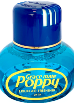 A blue bottle of "GraceMate Poppy Air Freshener - Freesia" from JMCE DEALS, adorned with a yellow label and a blue cap, containing high-grade liquid perfume that lasts for 3 months.