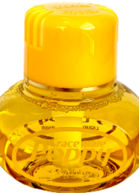 A round, yellow GraceMate Poppy Air Freshener - Gardenia bottle from JMCE DEALS with "Poppy" written on the label and a yellow cap, featuring high-grade liquid perfume that lasts up to 3 months.