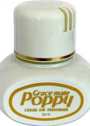 A round white bottle labeled "GraceMate Poppy Air Freshener - Jasmine" from the brand JMCE DEALS, with a white and gold cap, contains high-grade liquid perfume that lasts up to 3 months.