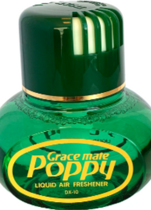 A green bottle of JMCE DEALS GraceMate Poppy Air Freshener - Pine with a rounded shape and golden accents, labelled "Grace mate Poppy. Liquid Air Freshener DX-10," containing high-grade liquid perfume that lasts in excess of 3 months.