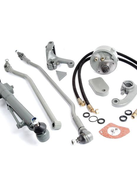 A collection of automotive steering system components, including rods, a rotary valve, hoses, seals, and various mechanical parts on a white background. Perfect for those working with Sparex or Massey Ferguson models looking to enhance their setup with the Power Steering Conversion Kit (Not Original Type Kit), Sparex Part No. S.42415 by Sparex.