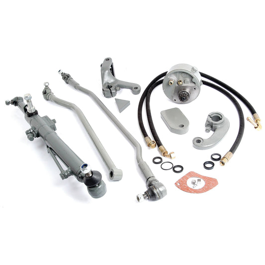 A collection of automotive steering system components, including rods, a rotary valve, hoses, seals, and various mechanical parts on a white background. Perfect for those working with Sparex or Massey Ferguson models looking to enhance their setup with the Power Steering Conversion Kit (Not Original Type Kit), Sparex Part No. S.42415 by Sparex.