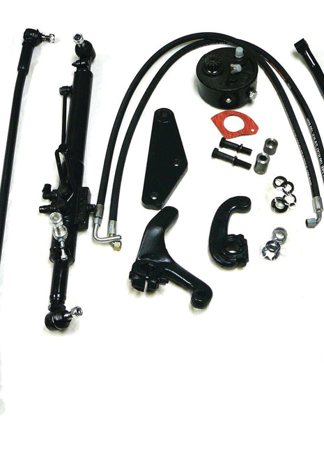 Image of the Power Steering Conversion Kit (Sparex Part No. S.42630) for Massey Ferguson 240, showcasing components like the steering box, hoses, brackets, bolts, and other related parts from Sparex, all neatly arranged on a white background.