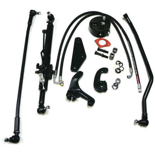 Image of the Power Steering Conversion Kit (Sparex Part No. S.42630) for Massey Ferguson 240, showcasing components like the steering box, hoses, brackets, bolts, and other related parts from Sparex, all neatly arranged on a white background.