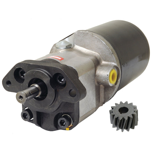 A close-up of the Power Steering Hydraulic Pump (Sparex Part No. S.40150) with a cylindrical body and mounting bracket, accompanied by a small gear placed beside it. This essential component for Massey Ferguson tractors is available through Sparex.
