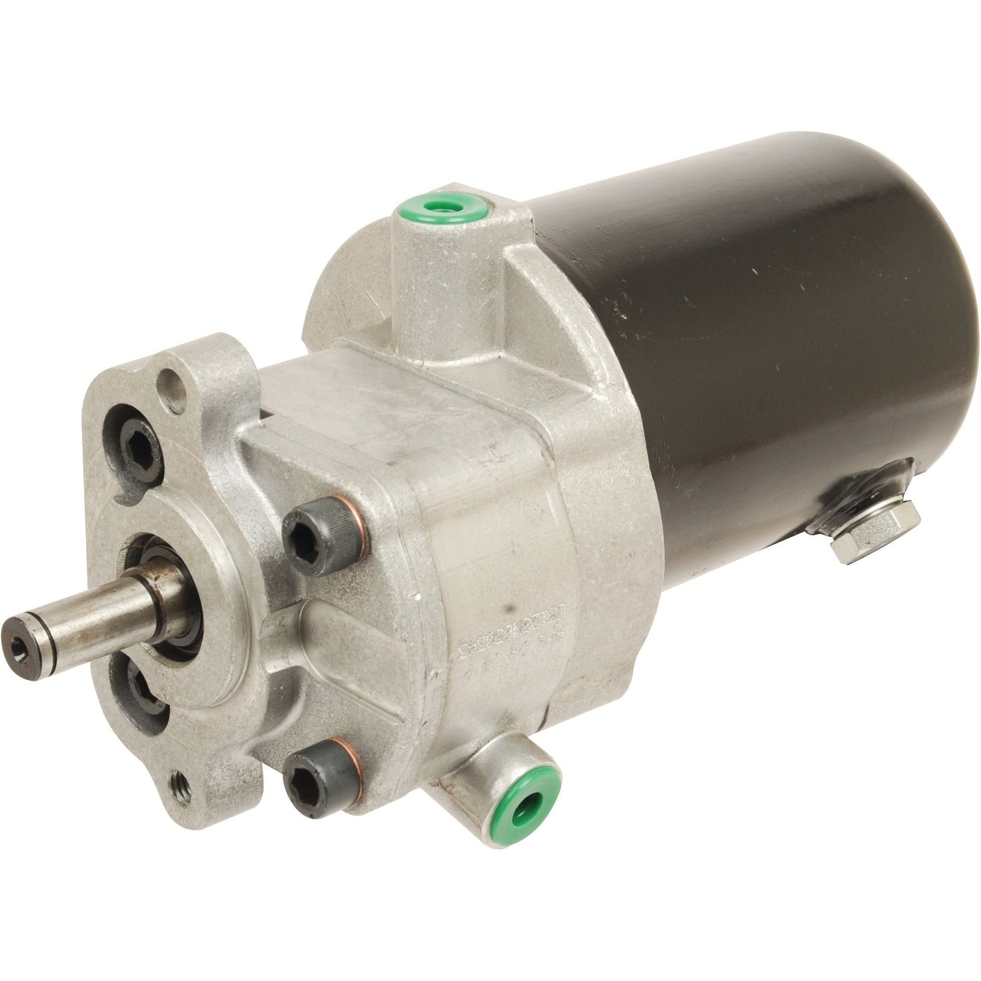 The Sparex Power Steering Hydraulic Pump, Sparex Part No. S.40157, with its silver metallic housing and black end cap, features multiple mounting points and a shaft protruding from one end—ideal for Massey Ferguson applications.